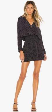 Rails Jasmine Ash Cheetah Leopard Print Smocked Waist Mini Dress Long Sleeve M